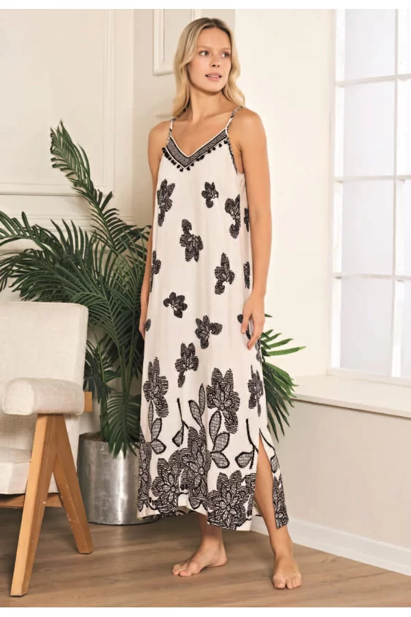 Luz&Pos Arias Closet Keten Dokuma Yırtmaçlı İnce Askılı Desenli Uzun Elbise