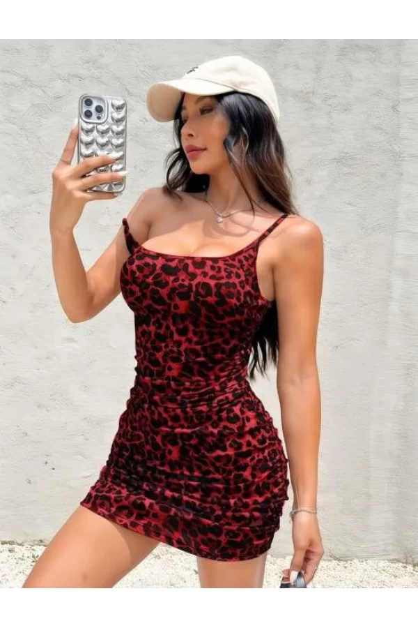 Luz&Pos Arias Closet Kırmızı Leopar Desenli Büzgülü Fantezi Elbise