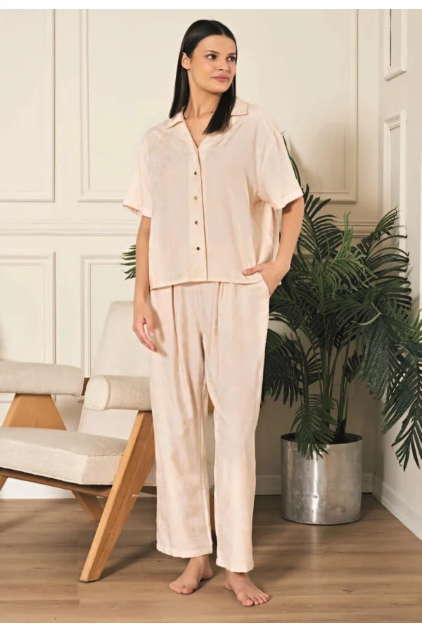Luz&Pos Arias Closet Viskon Jakarlı Önden Düğmeli Bej Pijama Takımı