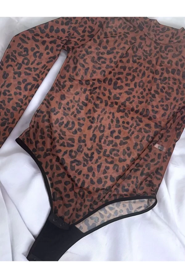 Yüksek Kalite Kadın Leopar Desenli Zarif Ve Şık Soft Dantel Çıtçıtlı Bodysuit
