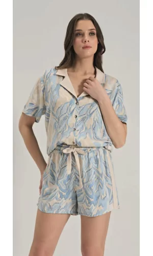 %100 Viskon Dokuma Önden Düğmeli Mavi Şortlu Pijama Takımı