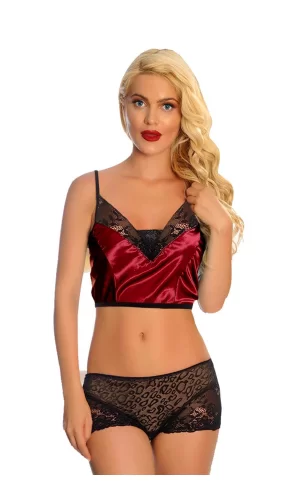 Bordo Saten Dantelli Babydoll Şortlu Takım - 288