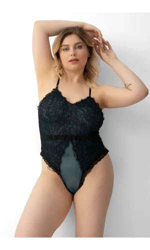 Büyük Beden Seksi Babydoll Gecelik Dantel Yeşil Tül Detaylı
