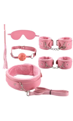 Deri Pembe Harnes Fantazi 7li Kelepçe Kırbaç Fetiş Seti
