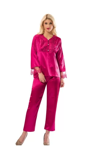 Fuşya Saten Pijama Takımı - 1595