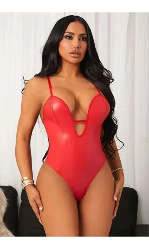 Kadın Kırmızı Seksi Lame Deri Fantezi Babydoll