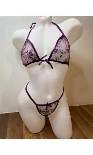 Kadın Mor Fantazi Seksi Dantelli Sütyen Külot Takımı