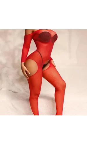 Kadın Özel Bölgesi Açık Kırmızı Fantezi Taşlı Vücut Çorabı