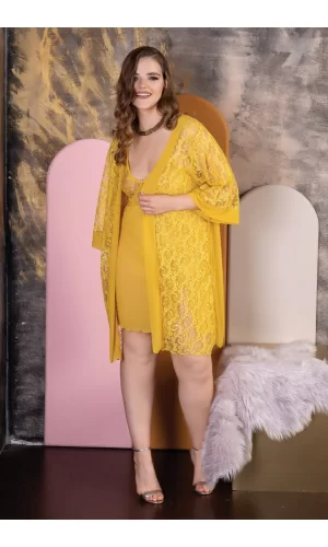 Kadın Seksi Çeyiz Büyük Beden Gecelik Sarı Gecelik Takımı