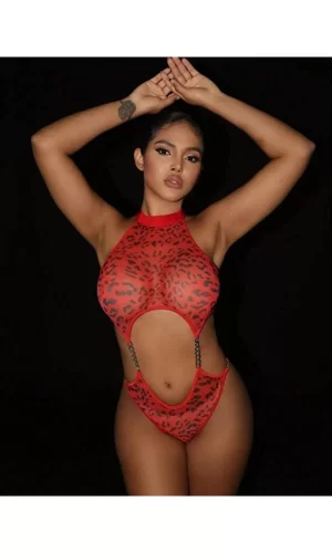 Kadın Seksi Kırmızı Leopar Desen Zincir Detaylı Babydoll