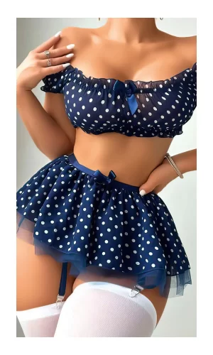 Kadın Seksi Lacivert Pitikare Çoraplı Fantezi Jartiyer Takım