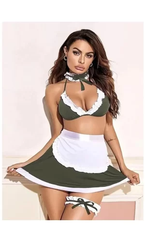 Kadın Seksi Yeşil Fantezi Hizmetçi Kostümü Bacak Bantlı Mini Etekli Kostüm Takımı