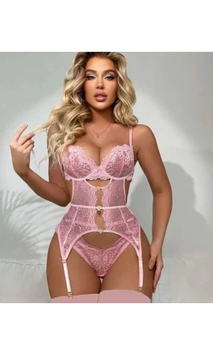 Kalp Aksesuarlı Dantelli Fantezi Pembe Jartiyer Takım