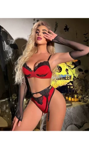 Kırmızı Dantel Detaylı Seksi Jartiyer Takım + Jartiyer Çorabı Hediyeli