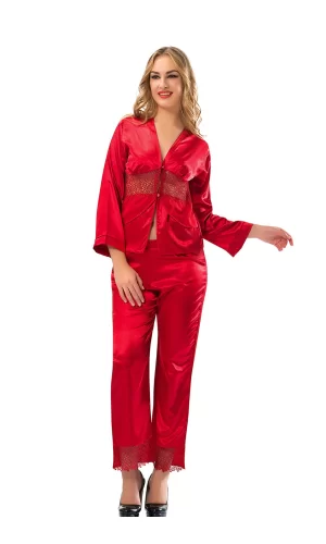 Kırmızı Saten Pijama Takımı - 1601