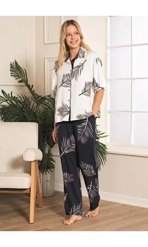Luz&Pos Arias Closet %100 Viskon Dokuma Lacivert Yaprak Desenli Önden Düğmeli Pijama Takımı