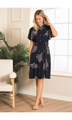 Luz&Pos Arias Closet %100 Viskon Dokuma Lacivert Yaprak Desenli Önden Düğmeli Uzun Elbise