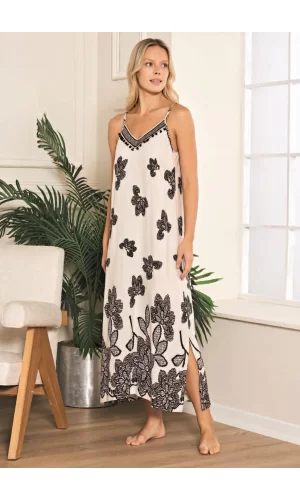 Luz&Pos Arias Closet Keten Dokuma Yırtmaçlı İnce Askılı Desenli Uzun Elbise