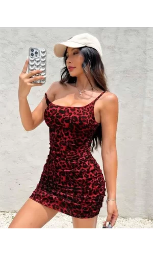 Luz&Pos Arias Closet Kırmızı Leopar Desenli Büzgülü Fantezi Elbise