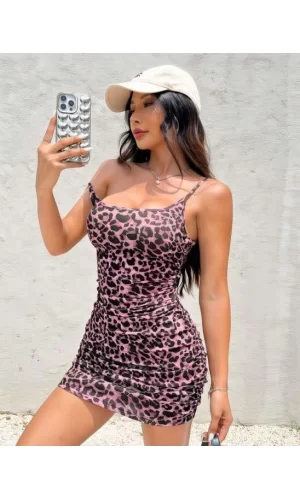 Luz&Pos Arias Closet Pembe Leopar Desenli Büzgülü Fantezi Elbise