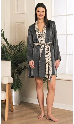 Luz&Pos Arias Closet Viskon Desenli Jakarlı Sabahlıklı Gecelik Takımı