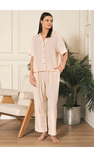 Luz&Pos Arias Closet Viskon Jakarlı Önden Düğmeli Bej Pijama Takımı