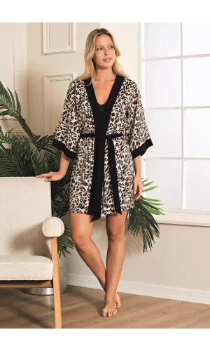 Luz&Pos Arias Closet Viskon Leopar Desenli Sabahlıklı Gecelik Takımı