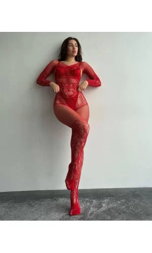 Özel Tasarım Kırmızı Taşlı Fantezi Vücut Çorabı