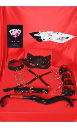 Sexy Görselli Oyun Kartı Kama Sutra 7li Kırmızı Siyah Harness Set