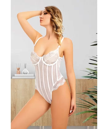 Beyaz Çizgili Bodysuit - 877