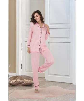 Kadın Çizgili Pembe Düğmeli Uzun Kollu Pijama Takımı Alt Üst Gecelik Takım