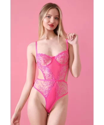 Kadın Neon Pembe Transparan Dantel Detaylı Bodysuit Seksi Brode İç Çamaşırı