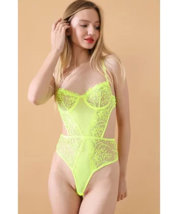 Kadın Neon Sarı Transparan Dantel Detaylı Bodysuit Seksi Brode İç Çamaşırı