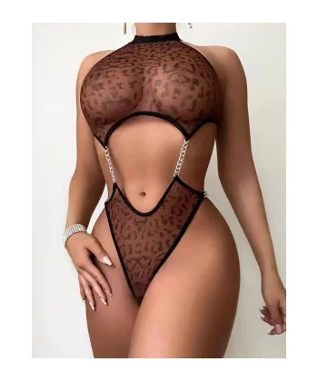 Kadın Seksi Leopar Desen Kahverengi Bodysuit Zincir Aksesuarlı Özel Gece Giyim Babydoll