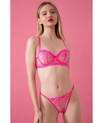 Kadın Seksi Neon Pembe Brode Bralet Ve Külot Takımı Dantelli Sütyen Takım