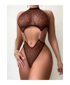 Kadın Seksi Leopar Desen Kahverengi Bodysuit Zincir Aksesuarlı Özel Gece Giyim Babydoll