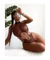 Kadın Seksi Leopar Desen Kahverengi Bodysuit Zincir Aksesuarlı Özel Gece Giyim Babydoll