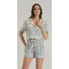 %100 Viskon Dokuma Önden Düğmeli Mavi Şortlu Pijama Takımı