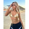 Altın Sarısı Deri Görünümlü Çapraz İpli Bikini Üstü – Bağlamalı, Seksi Ve Parlak
