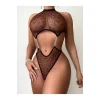 Kadın Seksi Leopar Desen Kahverengi Bodysuit Zincir Aksesuarlı Özel Gece Giyim Babydoll
