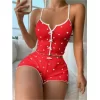 Kırmızı Üstüne Beyaz Kalp Desenli Askılı Şortlu Pijama Takımı