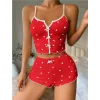 Kırmızı Üstüne Beyaz Kalp Desenli Askılı Şortlu Pijama Takımı