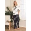 Luz&Pos Arias Closet %100 Viskon Dokuma Lacivert Yaprak Desenli Önden Düğmeli Pijama Takımı