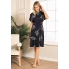 Luz&Pos Arias Closet %100 Viskon Dokuma Lacivert Yaprak Desenli Önden Düğmeli Uzun Elbise