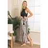 Luz&Pos Arias Closet Keten Dokuma Yırtmaçlı Çizgi Desenli Uzun Elbise