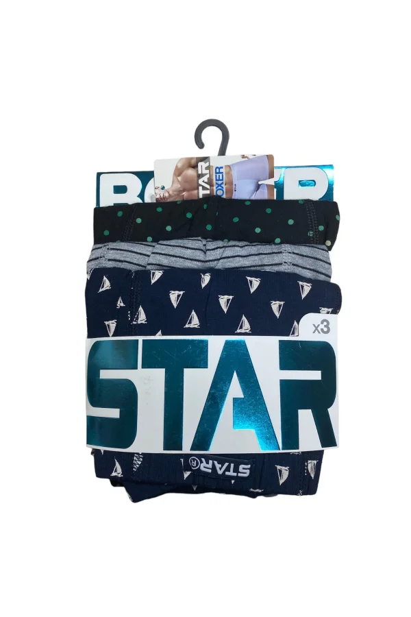 Star 106 Desenli Pamuklu Kemer Likralı 3lü Boxer