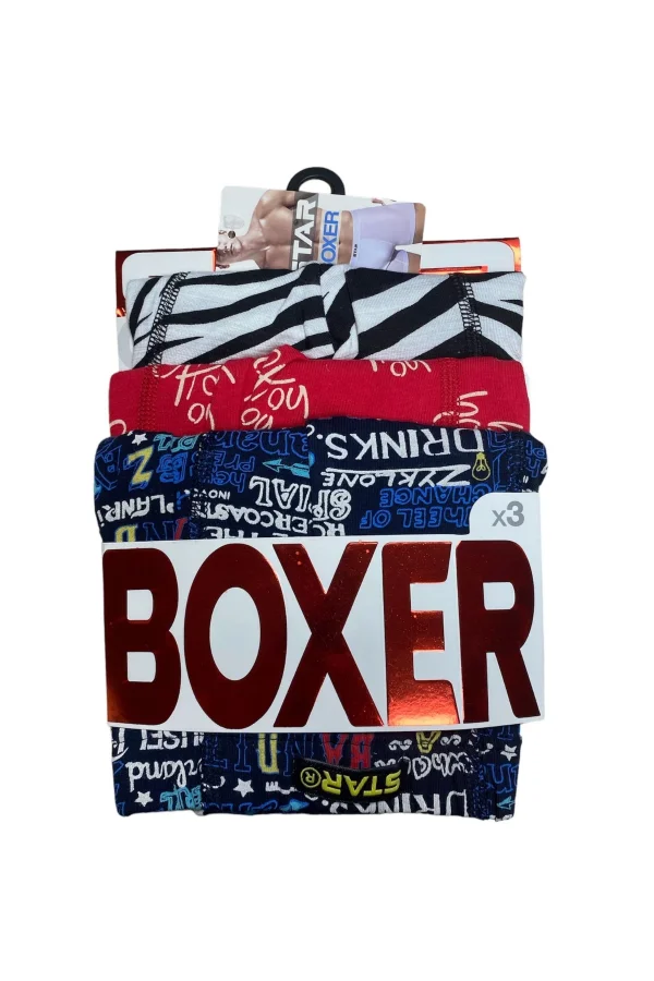 Star 106 Desenli Pamuklu Kemer Likralı 3lü Boxer