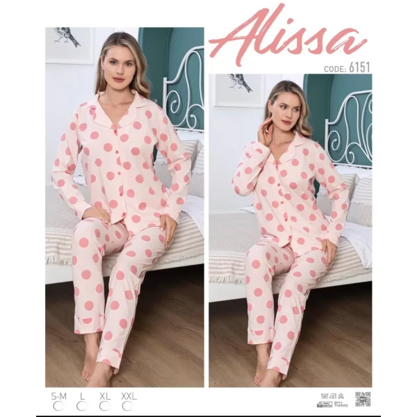 Alissa 6151 Bayan Somon Puanlı Patlı Uzun Kol Pijama Takımı