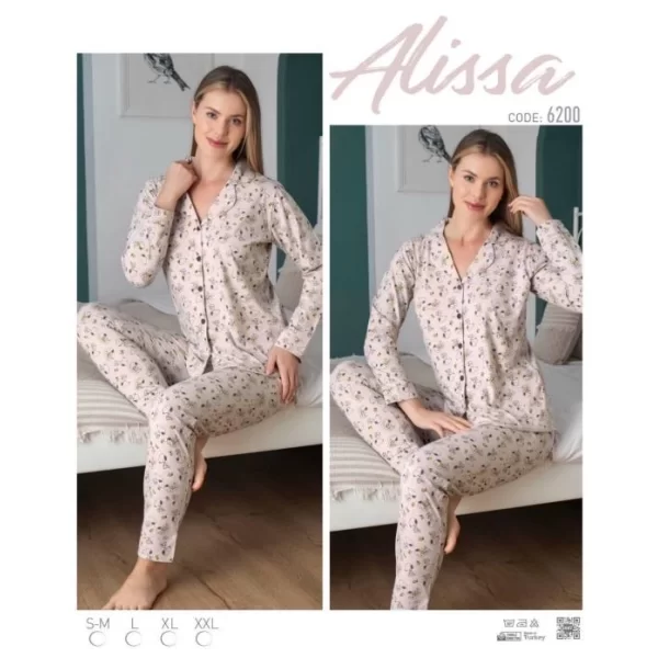 Alissa 6200 Bayan Önü Düğmeli Desenli Pijama Takımı