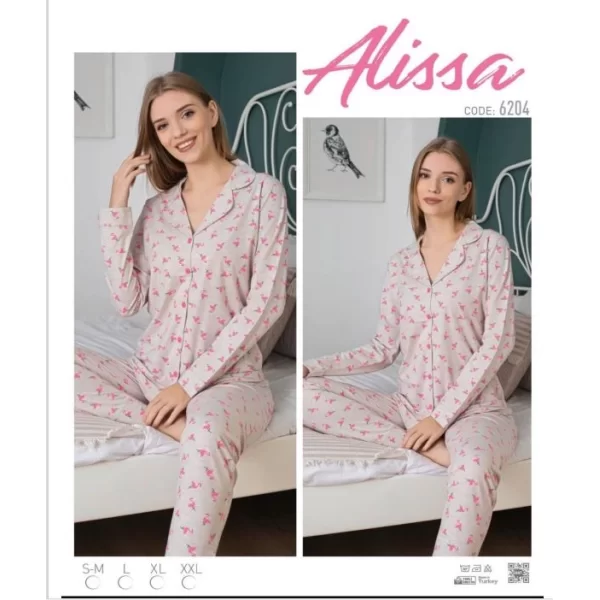 Alissa 6204  Bayan Önü Düğmeli Flamingo Desenli Pijama Takımı